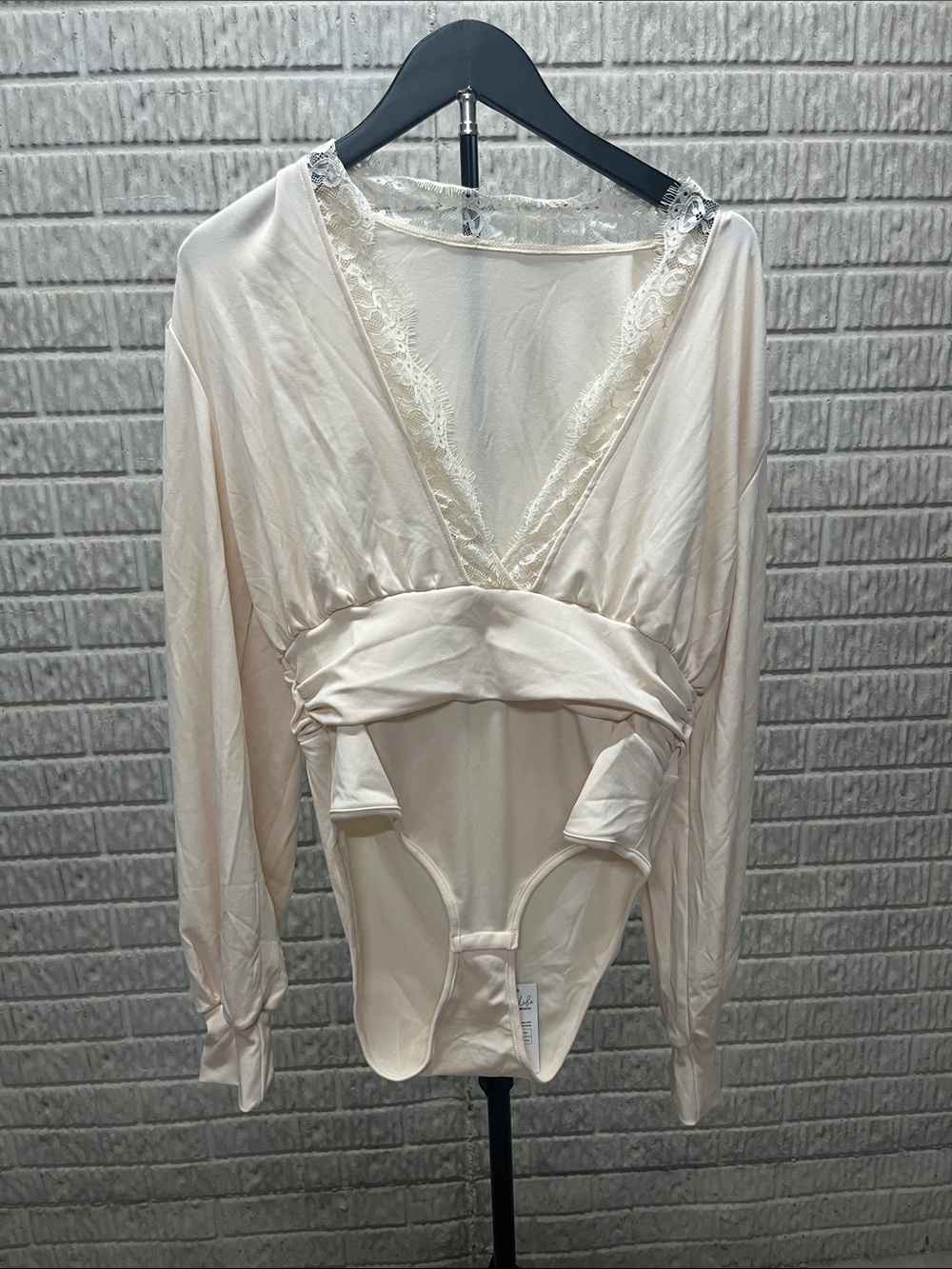 Cupshe Cream Lace-Trim Long Sleeve Chemise Bodysuit